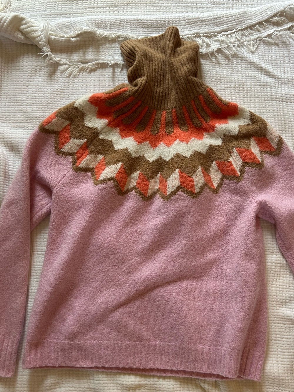 J. Crew Pink Sweater with Brown Turtleneck and Orange Fair Isle Yoke
